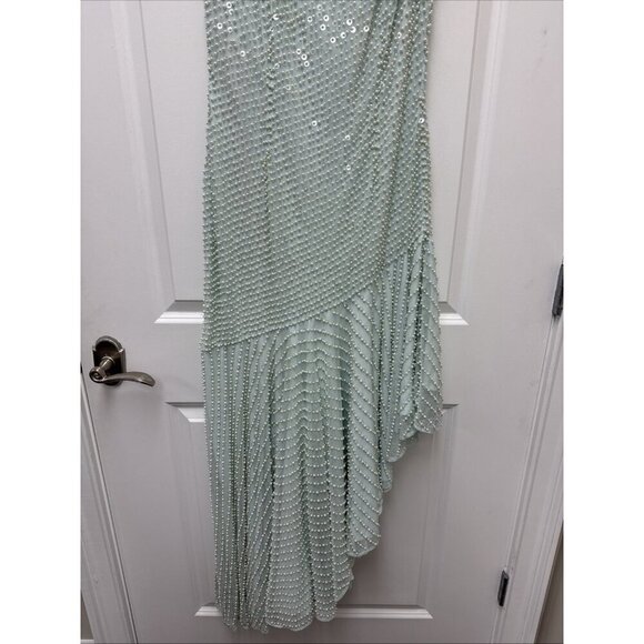MAC DUGGAL Size 10 Green 93741 ONE SHOULDER Pearl Sequin Midi GOWN Formal Dress - Picture 6 of 11